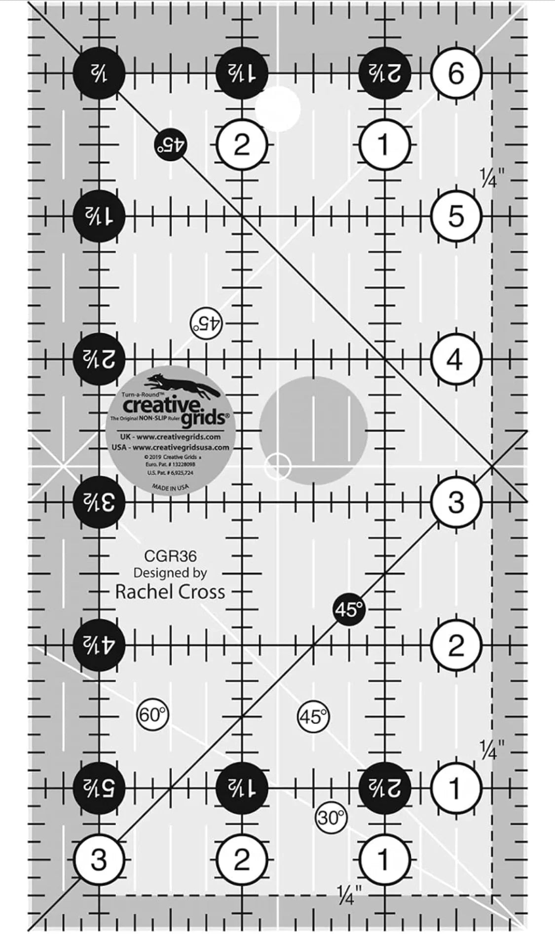 Quilt ruler with measurement grid and circle hole markings, Creative Grids CGR36