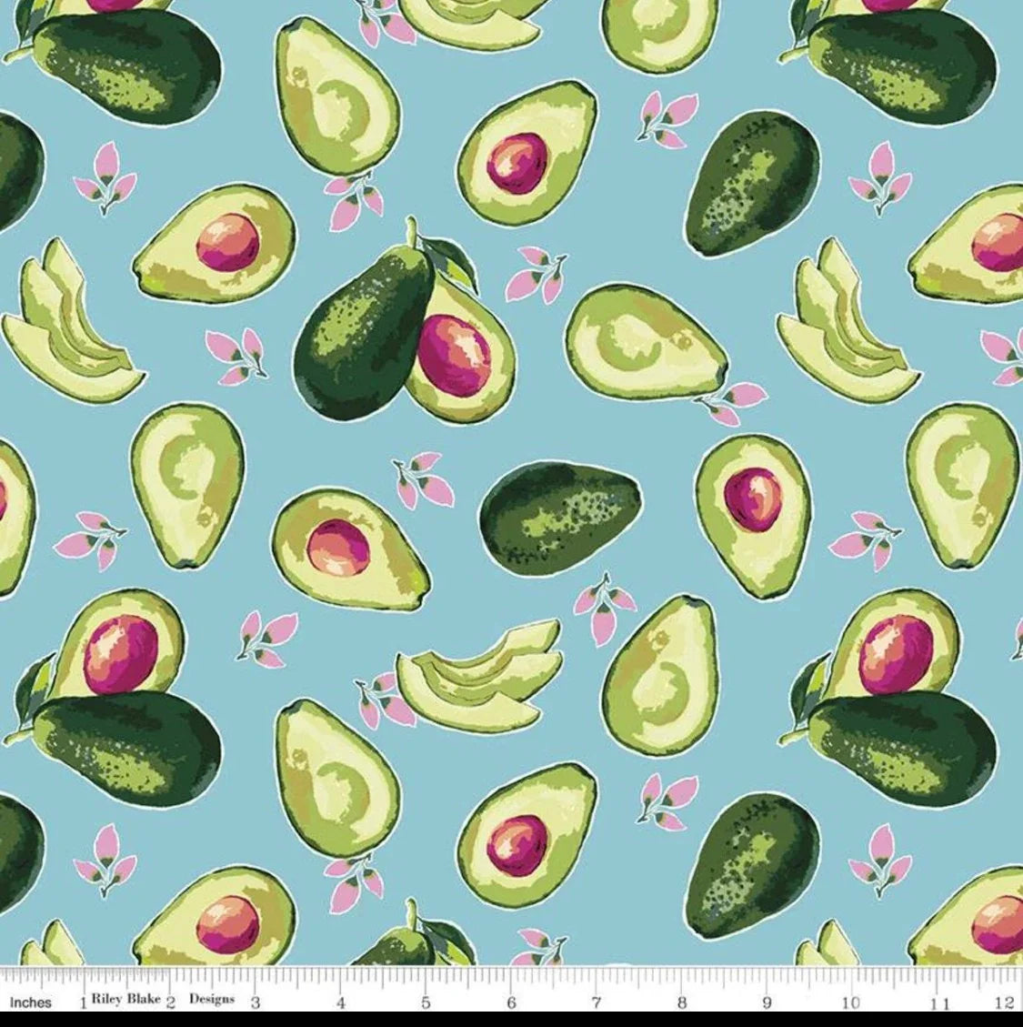 Aqua cotton fabric with repeating avocado print and small pink floral accents