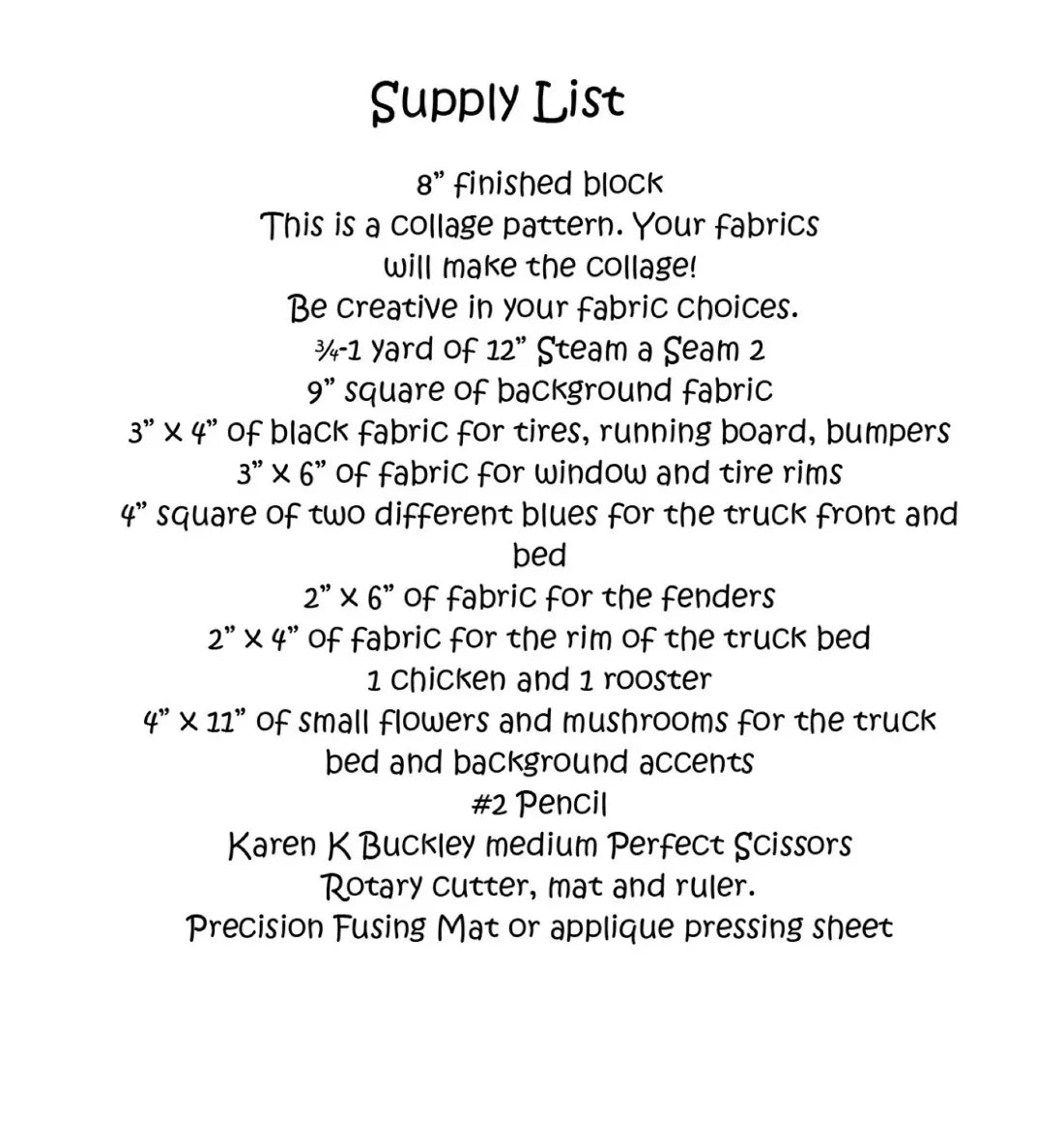 Pattern supply list sheet with measurements and fabric requirements for collage