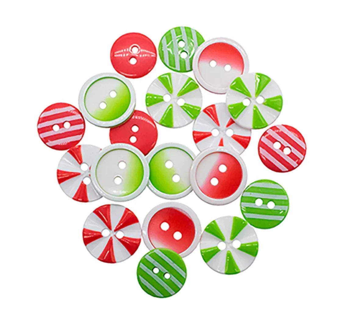 Round Christmas light theme buttons, striped red, green, and white with 2-hole centers