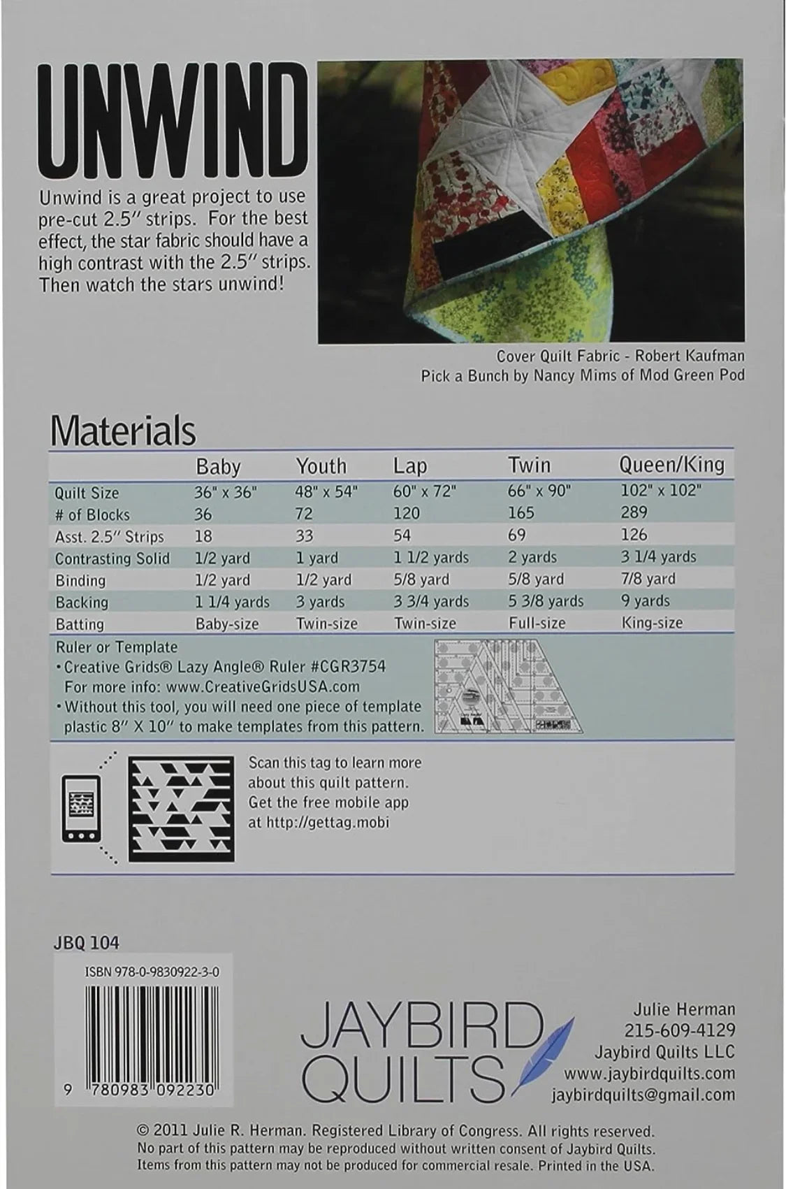 Quilt pattern instructions and materials chart with size requirements for baby, youth, lap, twin