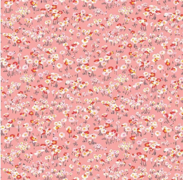 Floral cotton fabric in dusty pink with small daisies and wildflowers