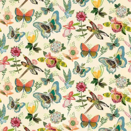 Yellow fabric with colorful butterflies, flowers, and botanical leaves pattern