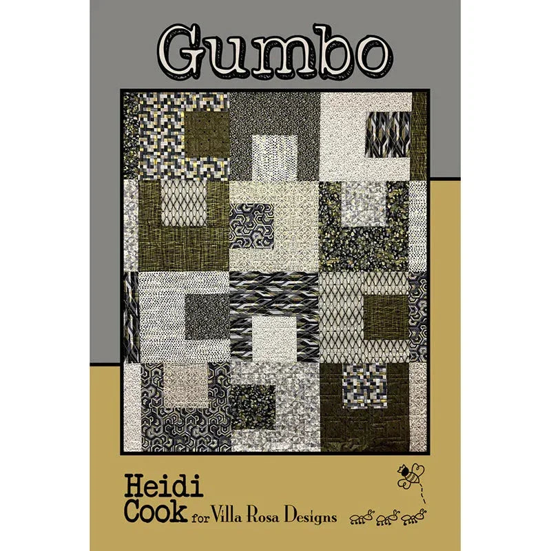 Gumbo quilt pattern with black, white, gray, and brown patchwork blocks