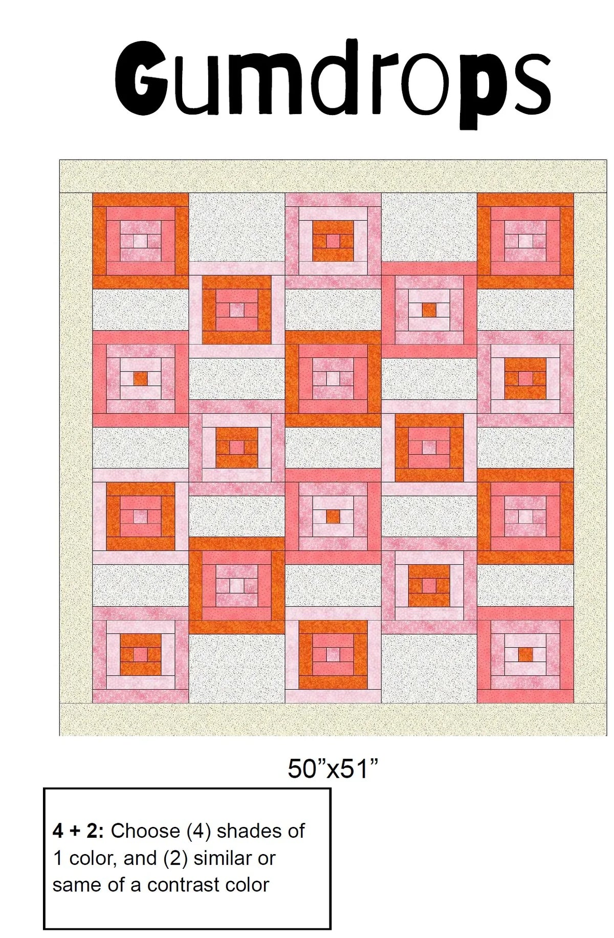 Gumdrops quilt pattern with square block design in pink and orange; size 50 x 51 in