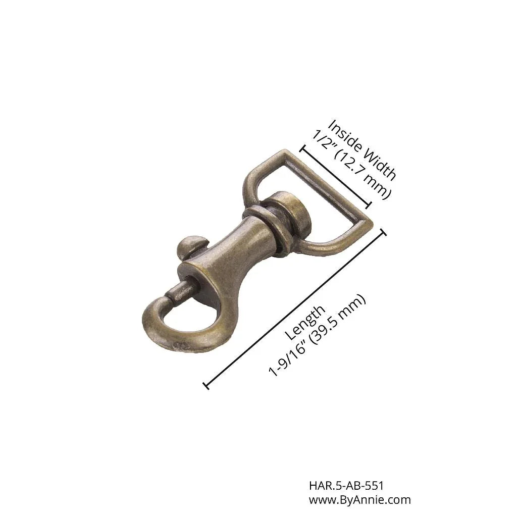 Antique brass swivel hook bolt-snap with 1-9/16 in length and 1-1/2 in width