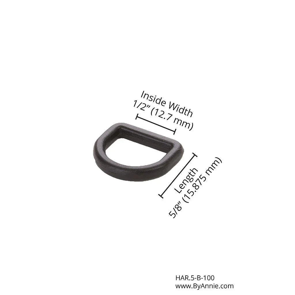 Black plastic D-ring hardware, inside width 1/2 in, length 5/8 in