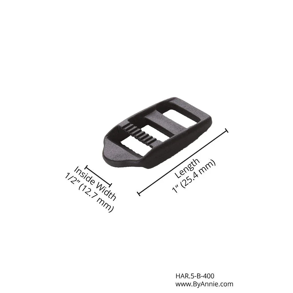 Black plastic strap adjuster, 1/2in inside width and 1in length