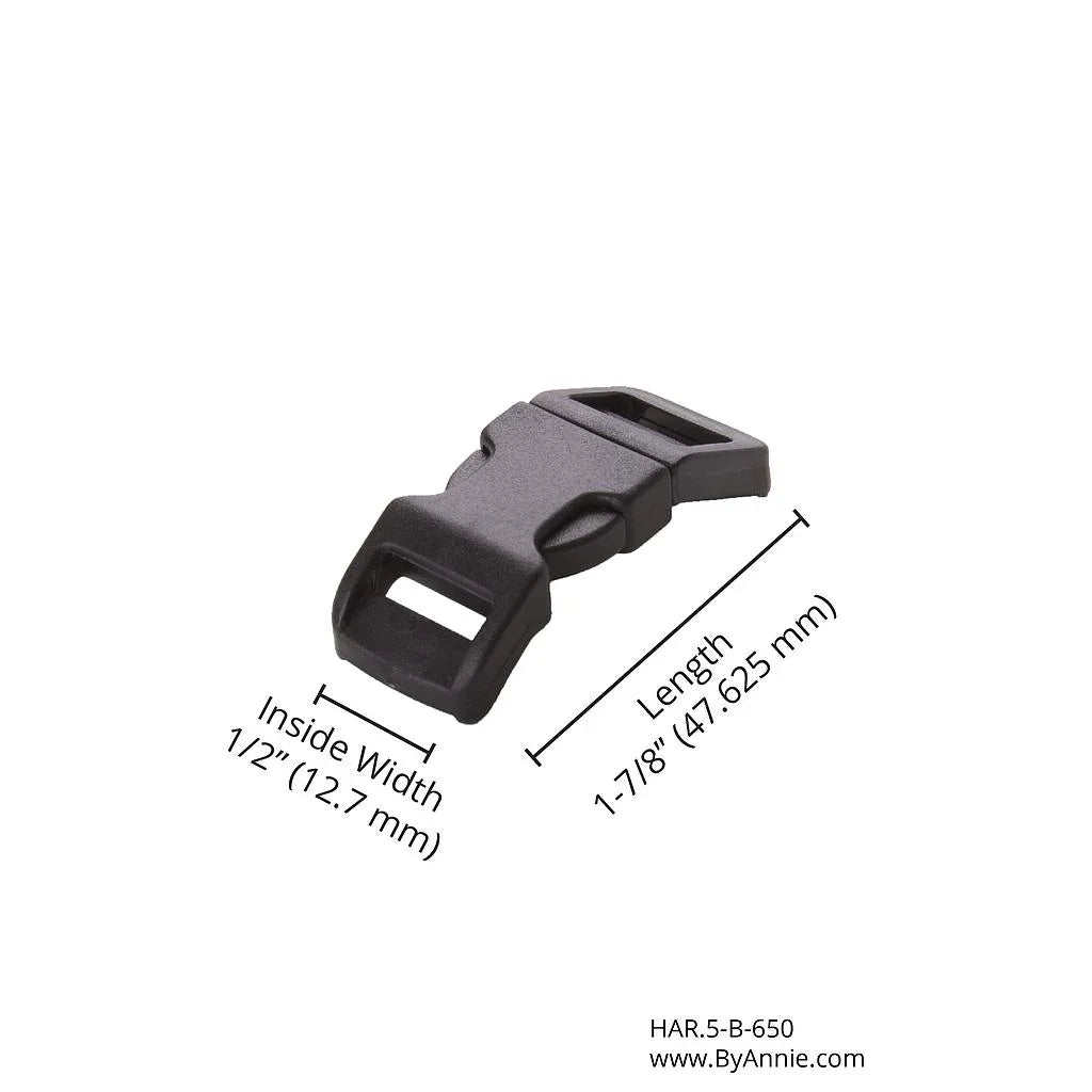 Black plastic side release buckle, 1/2 inch width