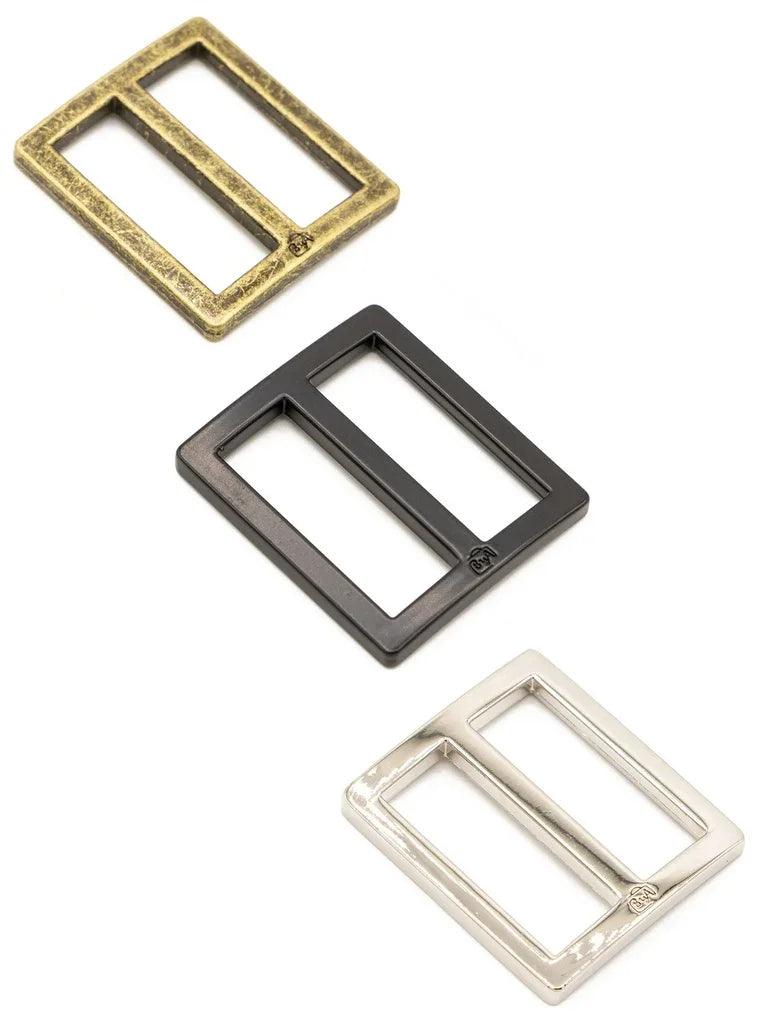 Metal slider adjusters: antique brass, dark gray, and silver-toned square frames
