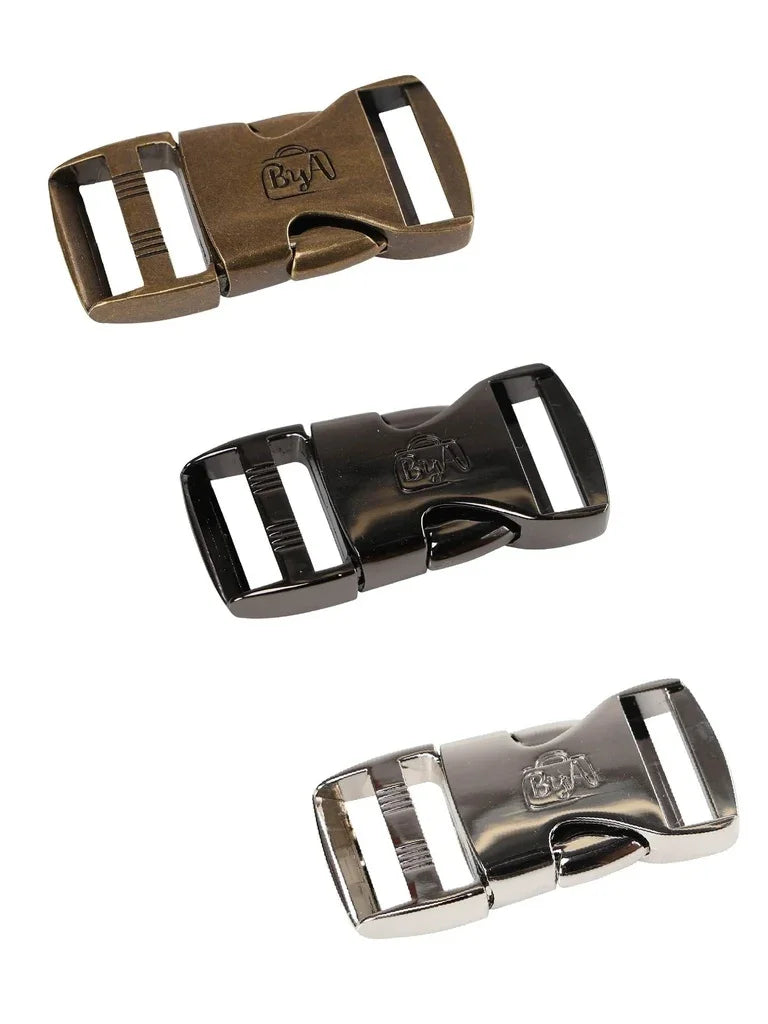 Side release buckle closures with engraved emblem, antique brass, dark and silver finishes