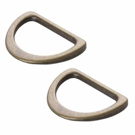 Flat 1-inch antique brass D-rings, set of two, shown side by side