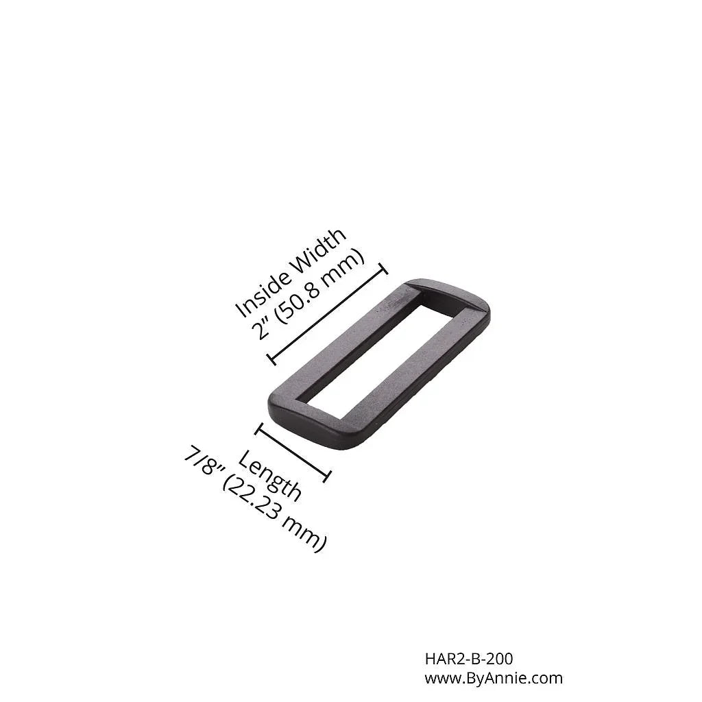 Black plastic rectangle ring with 2in inside width and 7/8in length