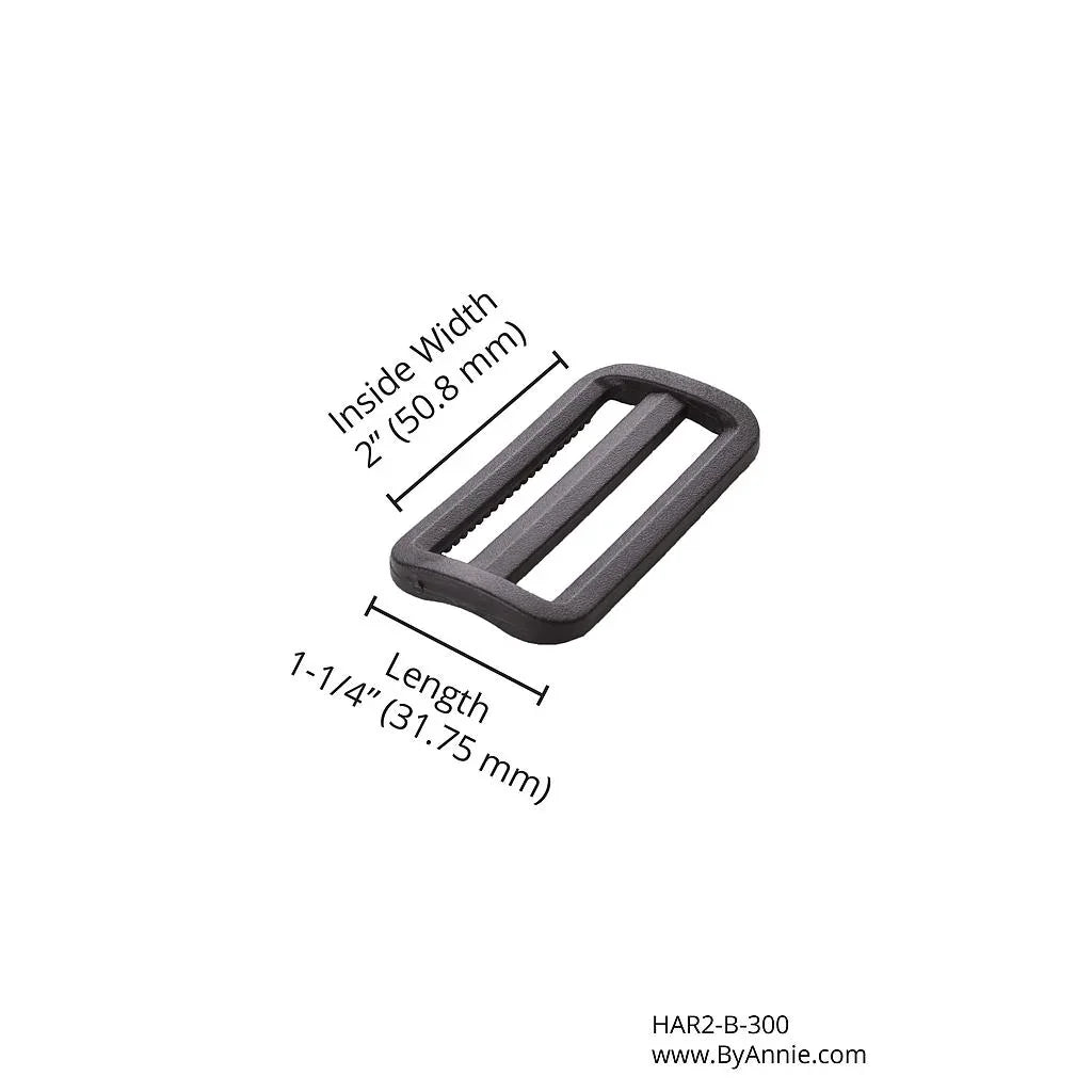 Black plastic slider with rectangular opening for 2 in straps