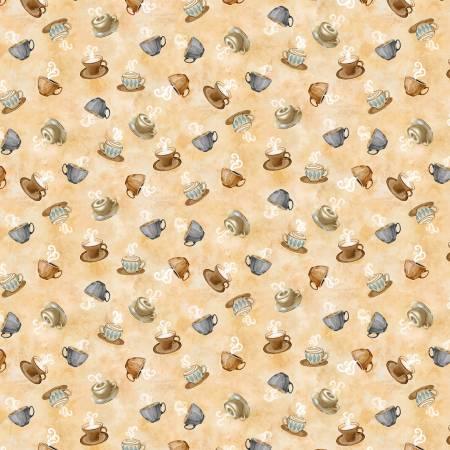 Beige fabric with tossed small coffee cup, heart, and swirl motifs pattern