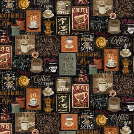 Black coffee-themed collage fabric with cups, mugs, and 'Coffee' text blocks