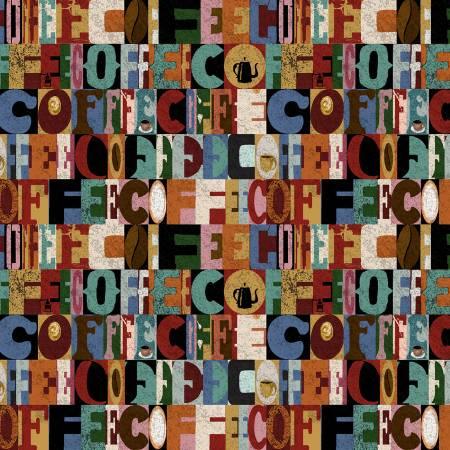 Coffee text fabric with multicolor patchwork blocks and cup icons on beige