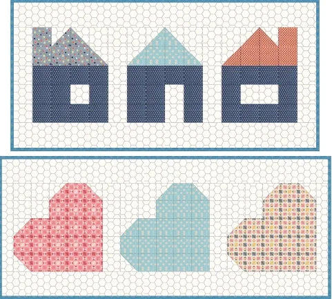Easy piecing quilt grid pattern with house blocks in blue, red, and pastel colors