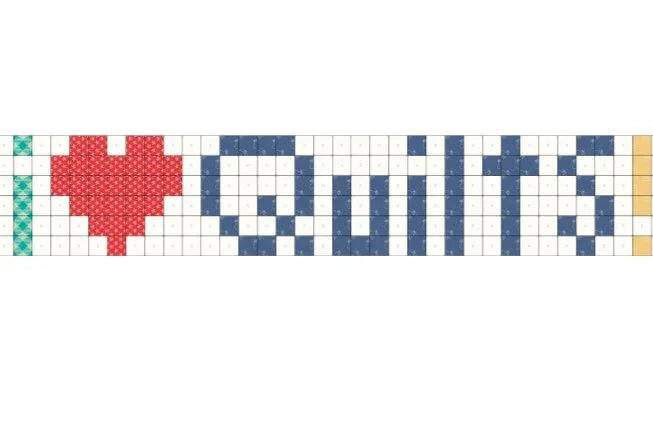 Quilt piecing grid pattern with red heart block and blue striped blocks across chart