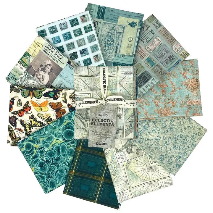 Teal fabric fat quarter bundle with map and abstract print squares