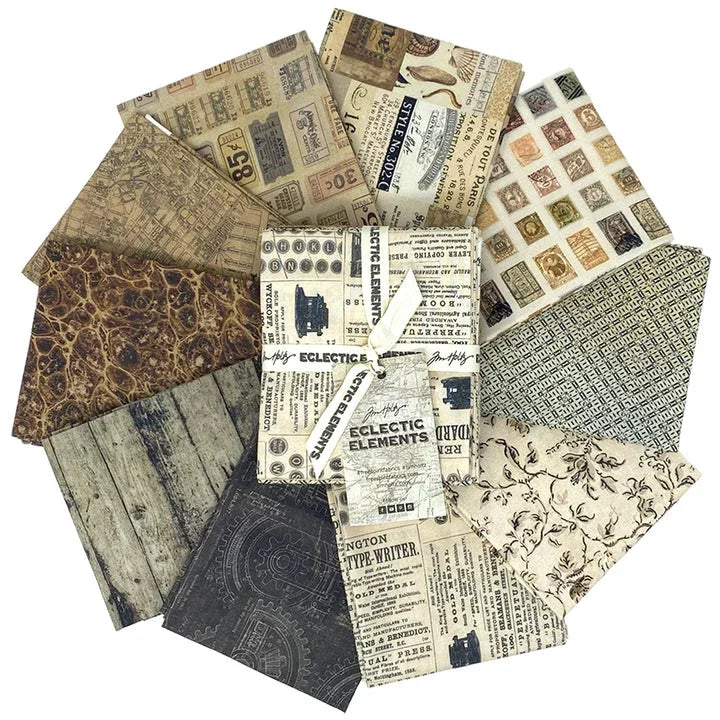 Neutral printed fabric fat quarter bundle with maps, blocks, numbers, botanicals