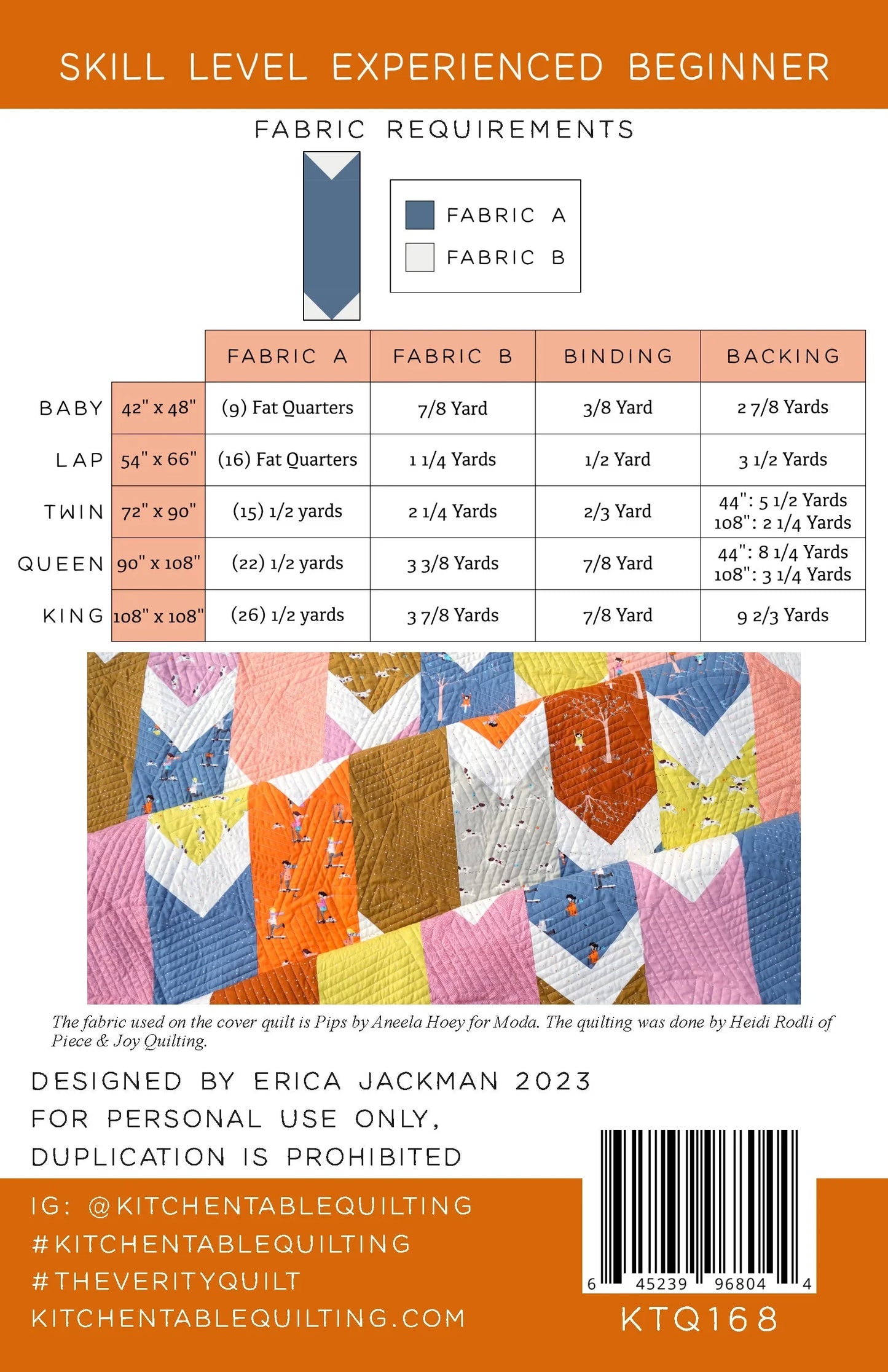 Quilt pattern booklet with multicolor chevron patchwork diagram and fabric requirements