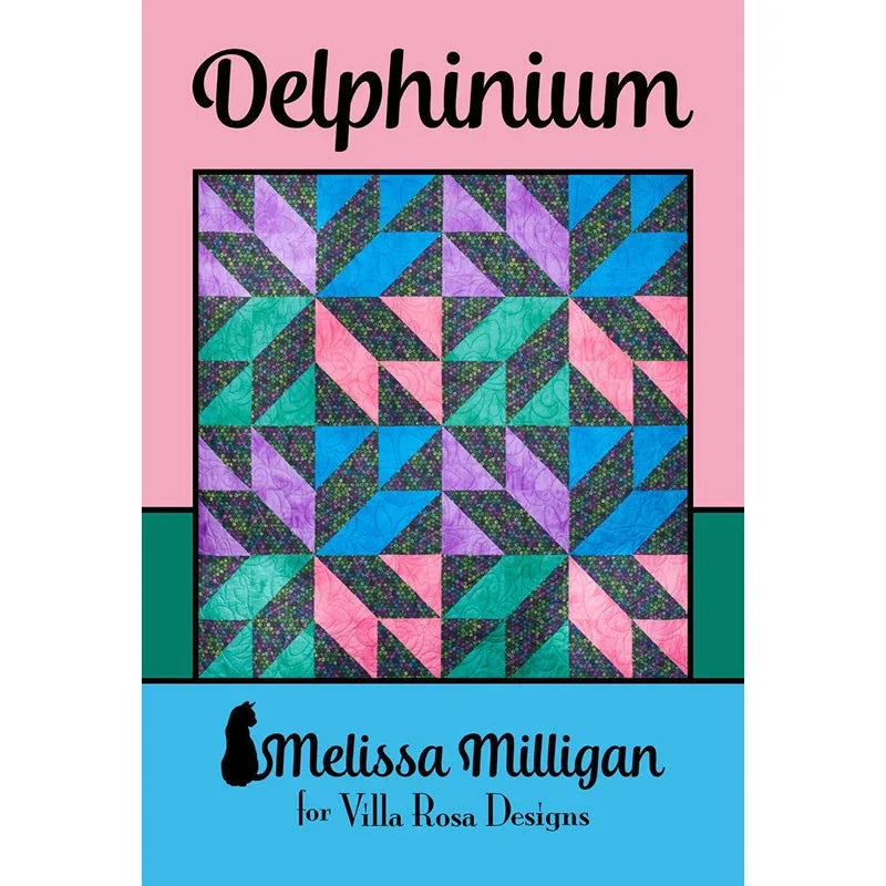 Delphinium quilt pattern with colorful geometric blocks in blue, green, purple, and pink