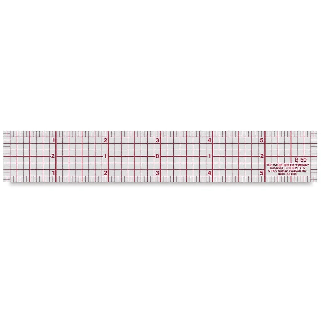 Clear 6-inch quilting ruler with red grid and 1/8-inch measurement markings