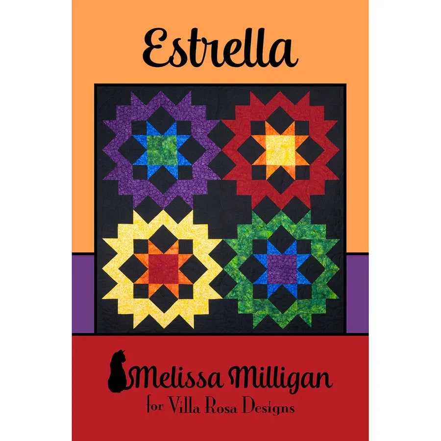 Estrella quilt pattern cover with star blocks in purple, red, yellow, and green
