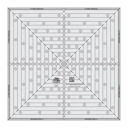 Quilt ruler with square fussy-cut grid and measurement markings, 14-1/2 in