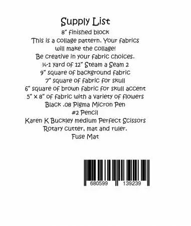 Pattern insert with supply list text and barcode