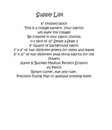 Supply List instructions for collage block: 8 in finished block, fabric pieces and tools