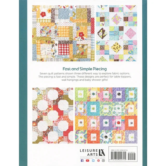 Quilt pattern book back cover with patchwork quilt layouts and text panels