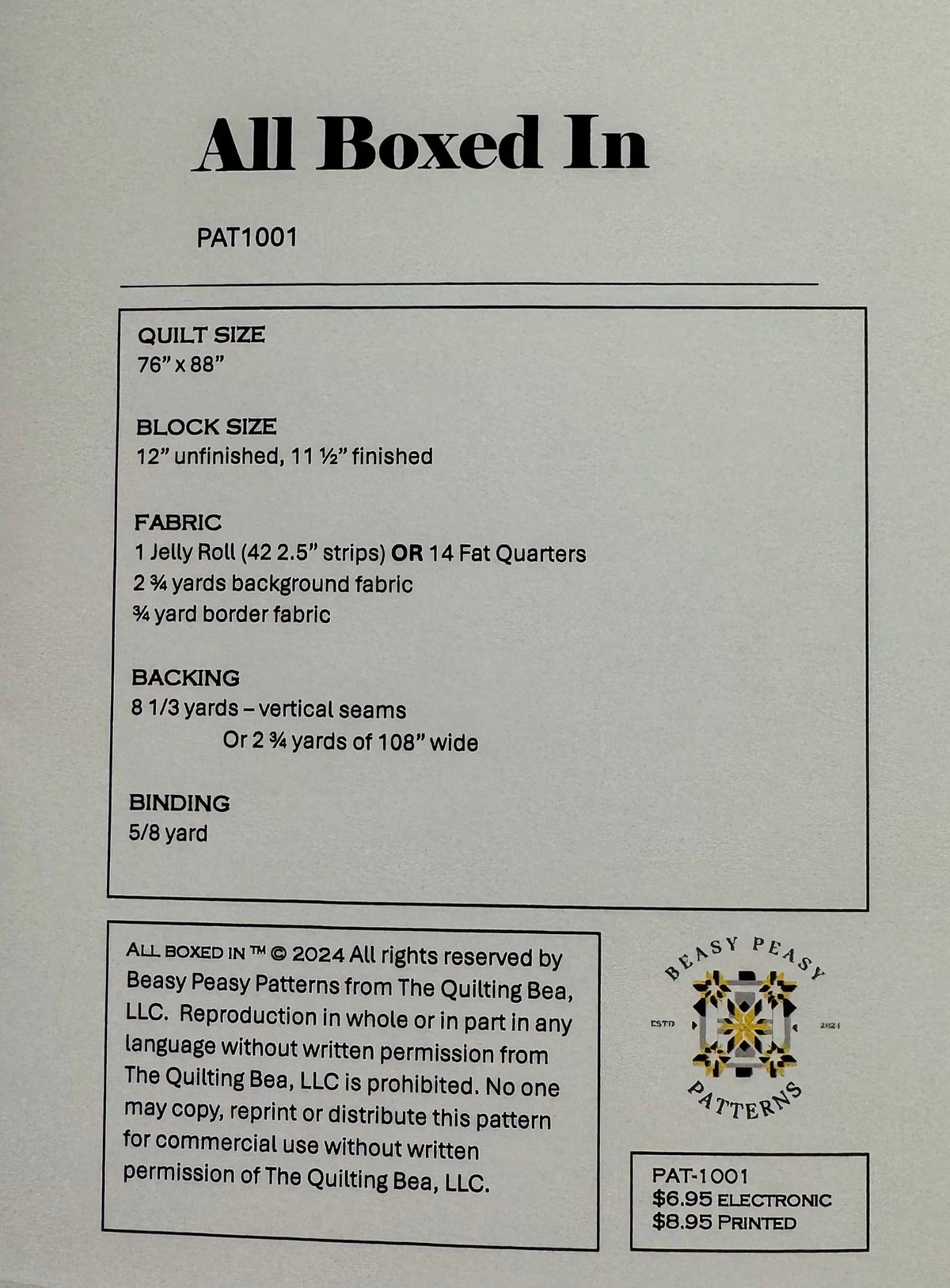 Printed quilt pattern page with PAT1001 details, quilt size 76×88 and fabric list