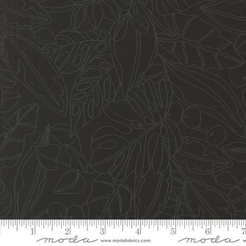 Botanical greenery ink fabric with dark leaf and vine motif, all-over print
