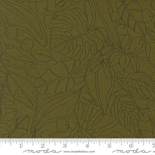 Olive green leaf pattern fabric swatch with monstera and tropical line art