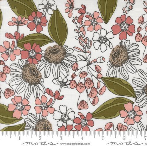 Floral cotton fabric: pink blooms, green leaves, and dark centers on white