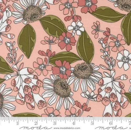 Floral cotton fabric with pink background, peony and daisy blooms with green leaves
