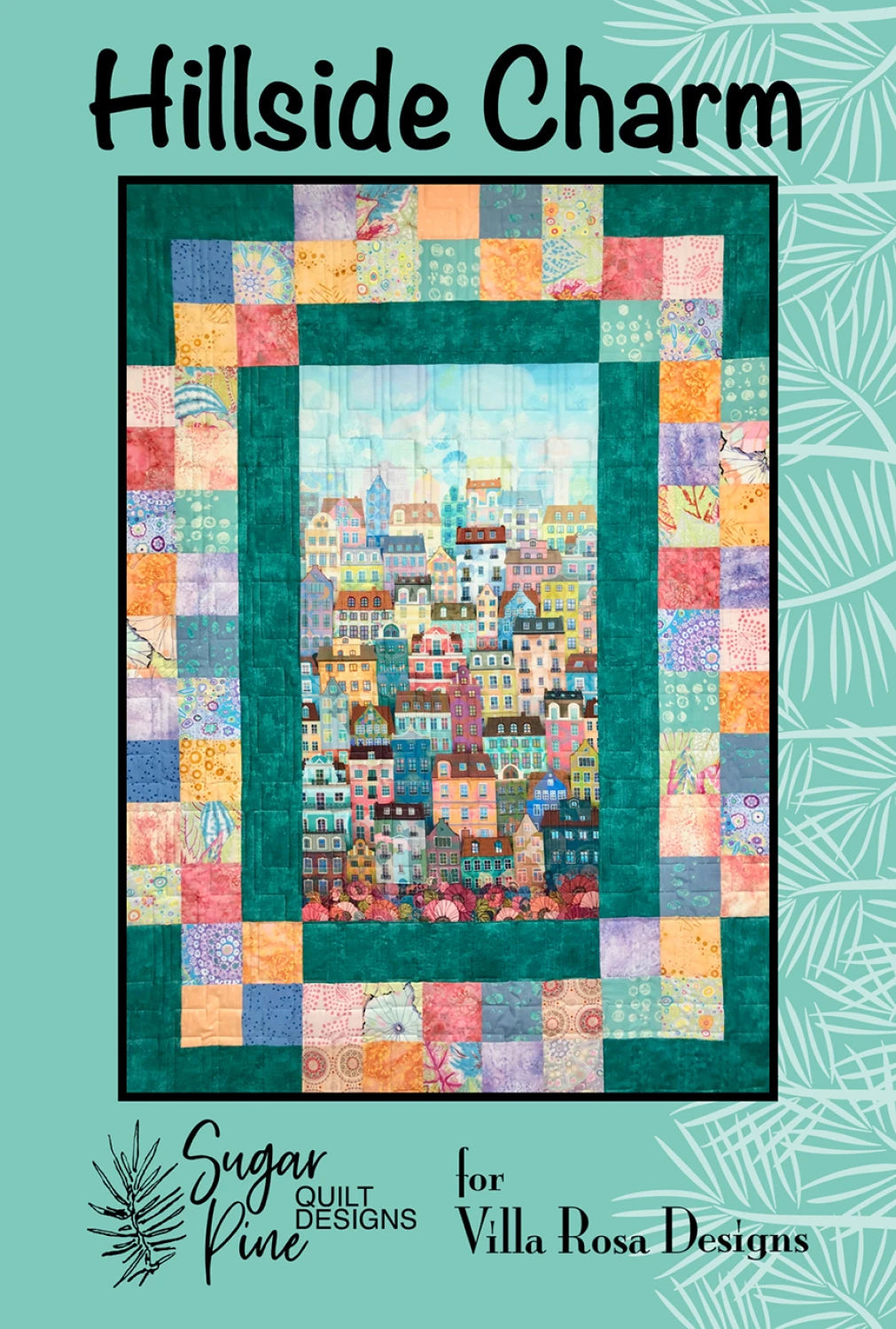 Colorful patchwork quilt with central cityscape print and multicolor border.