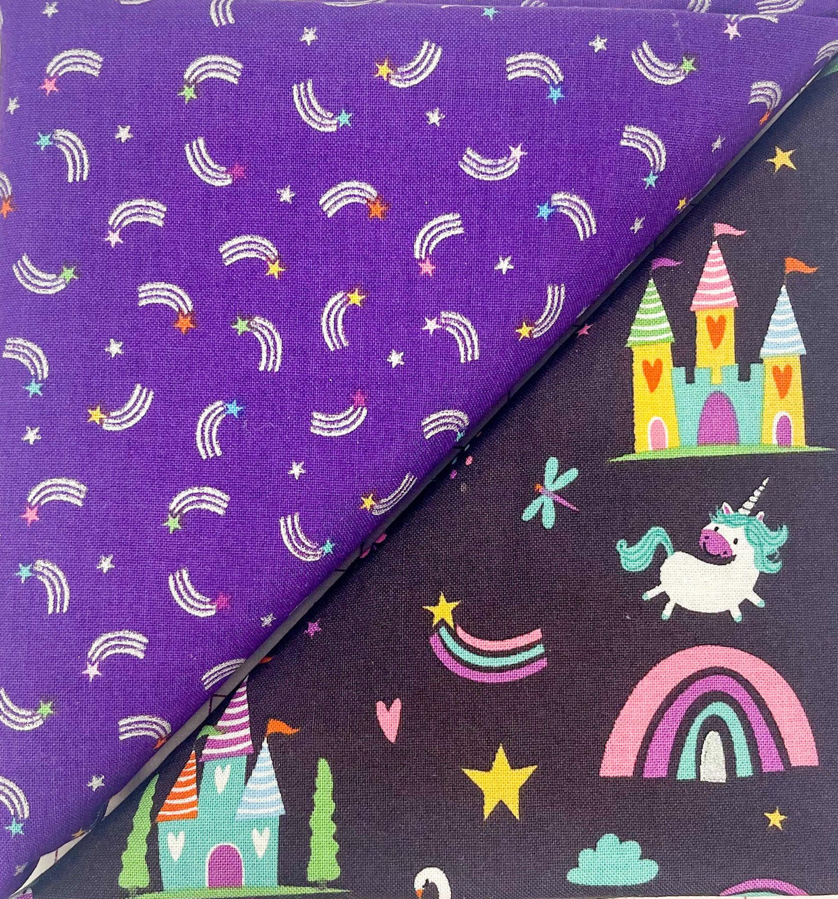 Table runner fabric with unicorn, rainbows, stars in purple and dark designs