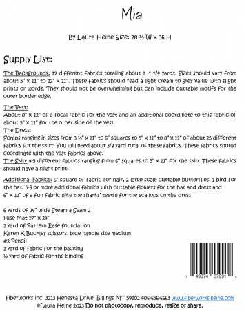 Fabric pattern back insert with barcode, size specs, and printed instructions