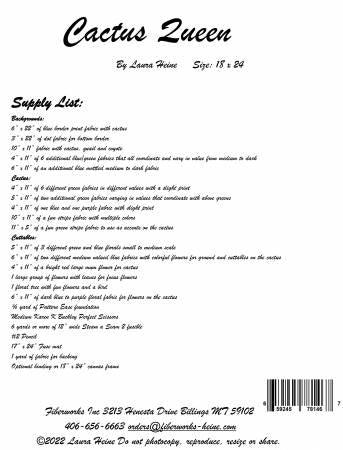 Cactus Queen pattern instructions page with supply list text and barcode