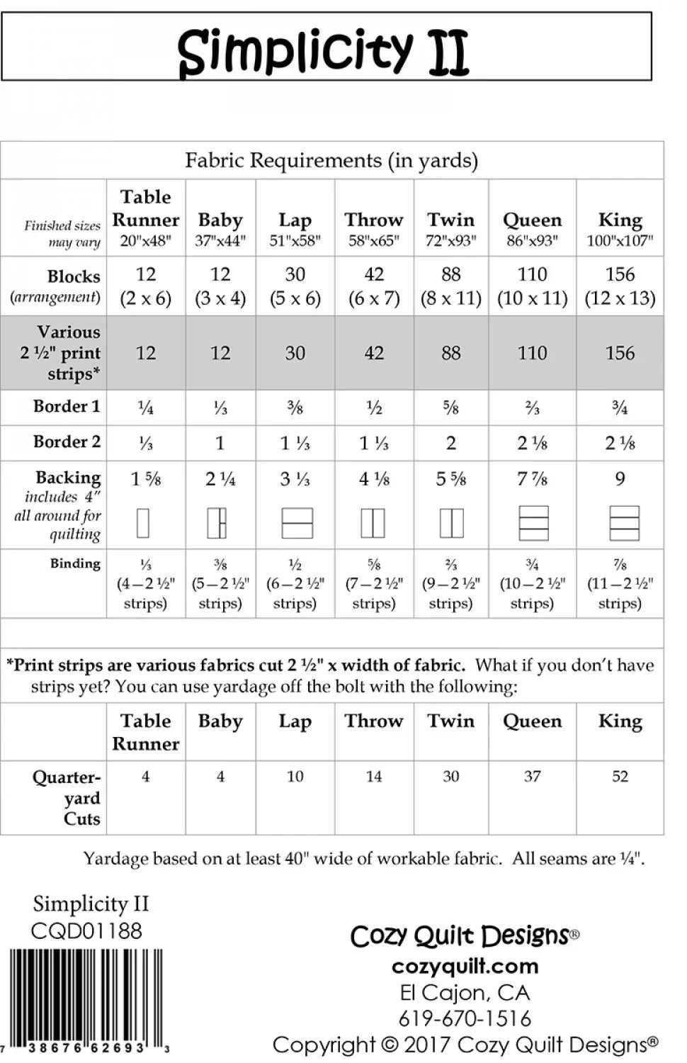 Quilt pattern instruction page with fabric requirements chart by size