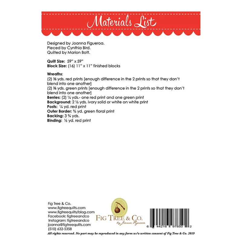 Quilt pattern materials list sheet with printed specs and measurements