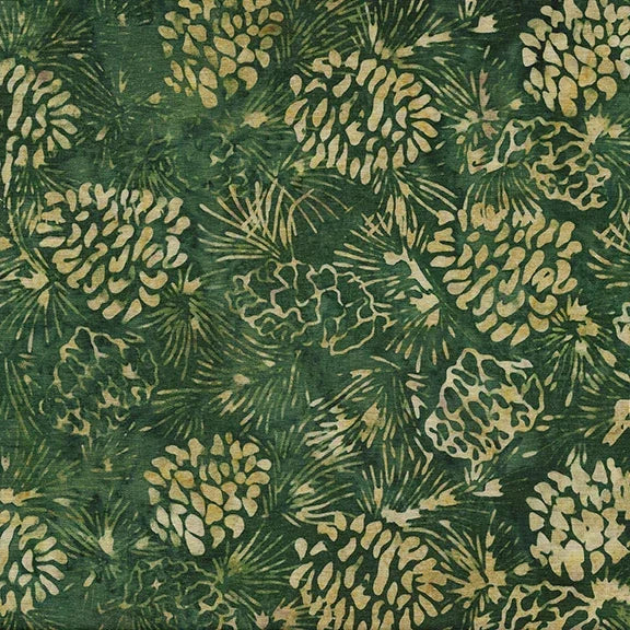 Batik yardage fabric, hunter green with tan pinecone and palm leaf motifs