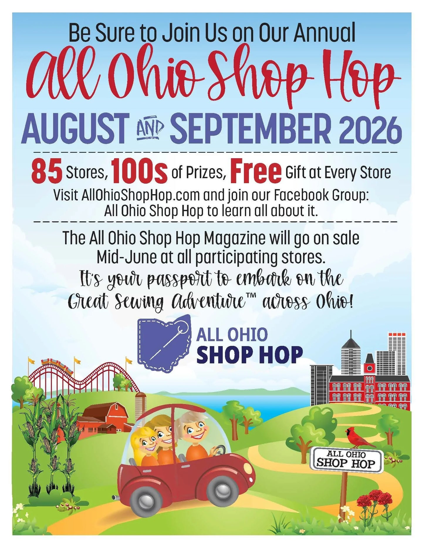 All Ohio Shop Hop magazine, August–September 2026 issue cover with car and state map