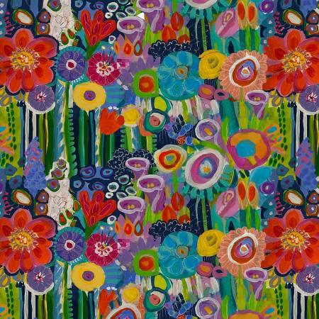 Floral stripe fabric with multicolor flowers and stripes, repeating pattern