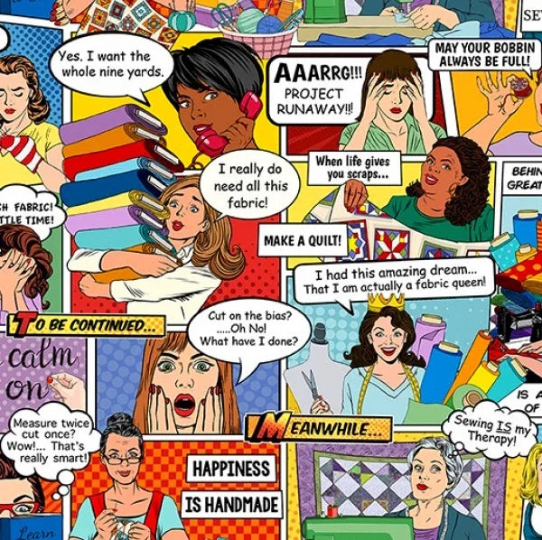 Sewing comic fabric panel with quilt scenes, multicolor characters, and speech bubbles