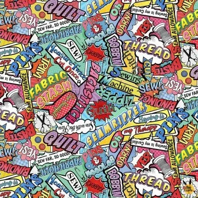 Sewing comic fabric with colorful word and icon print