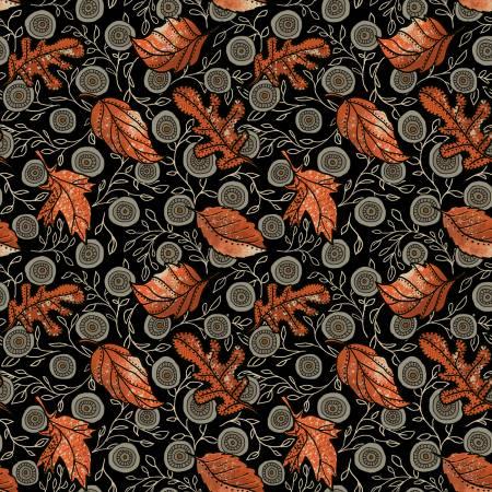 Leaf toss fabric with orange and tan leaves on dark background